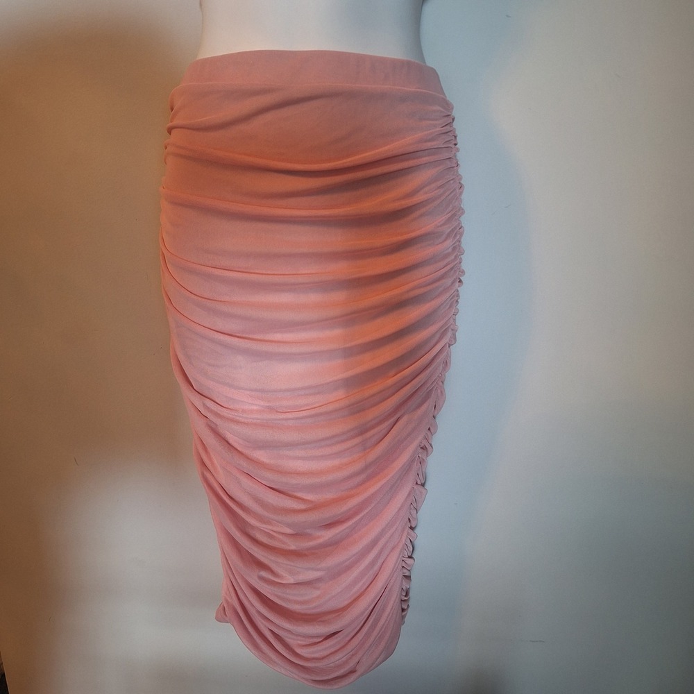 Fashion Nova Pink Ruched Mesh 2 Piece Set Crop Top Midi Skirt Size Small - Picture 3 of 6